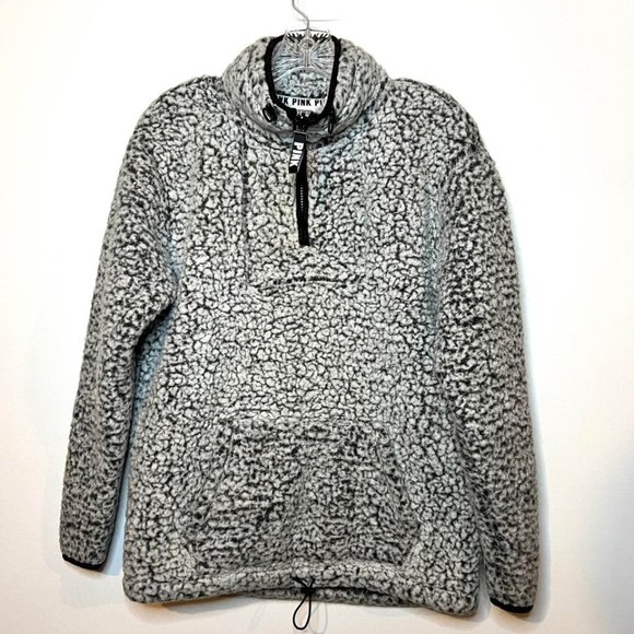 Victoria Secret Pink Gray Sherpa Pullover Quarter Zip Sz XS, Runs big - Picture 1 of 5